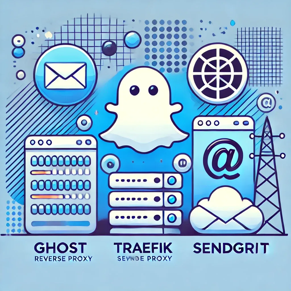 A vector image for my website with the keywords ghost traefik selfhost and sendgrid